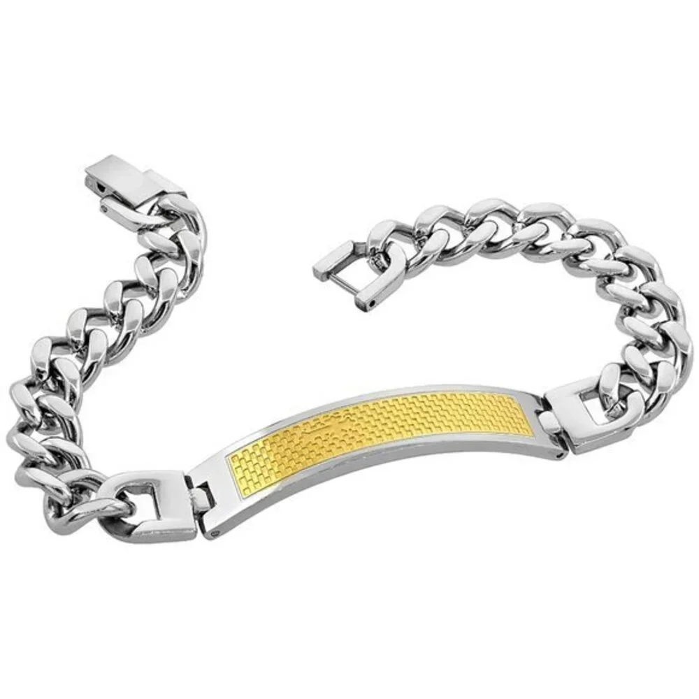 Stainless Steel ID Bracelet Yellow Checkered Design Design with Cross Curb Link